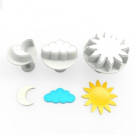 3 emporte-pièces "ciel" à poussoir, lune, nuage, soleil