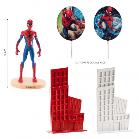 Kit de décoration "Spiderman" : figurine super héro, toppers double face et immeubles