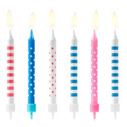 6 bougies d'anniversaire - Pois et rayures bleu et rose