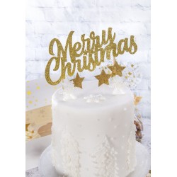 Topper pailleté pour déco de gâteau "Merry Christmas" - Doré