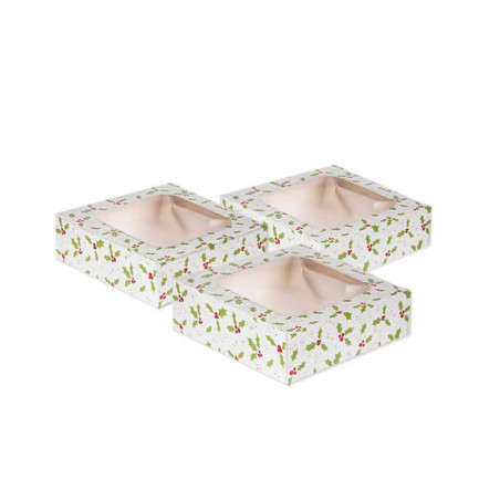 3 petites boîtes à gâteaux carrées "feuilles de houx" avec fenêtre - 11,4 x 11,4 cm